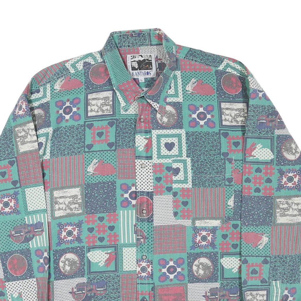 KANTAROS Mens Green & Red Check Pattern Cotton Blend Shirt S Long Sleeve Button