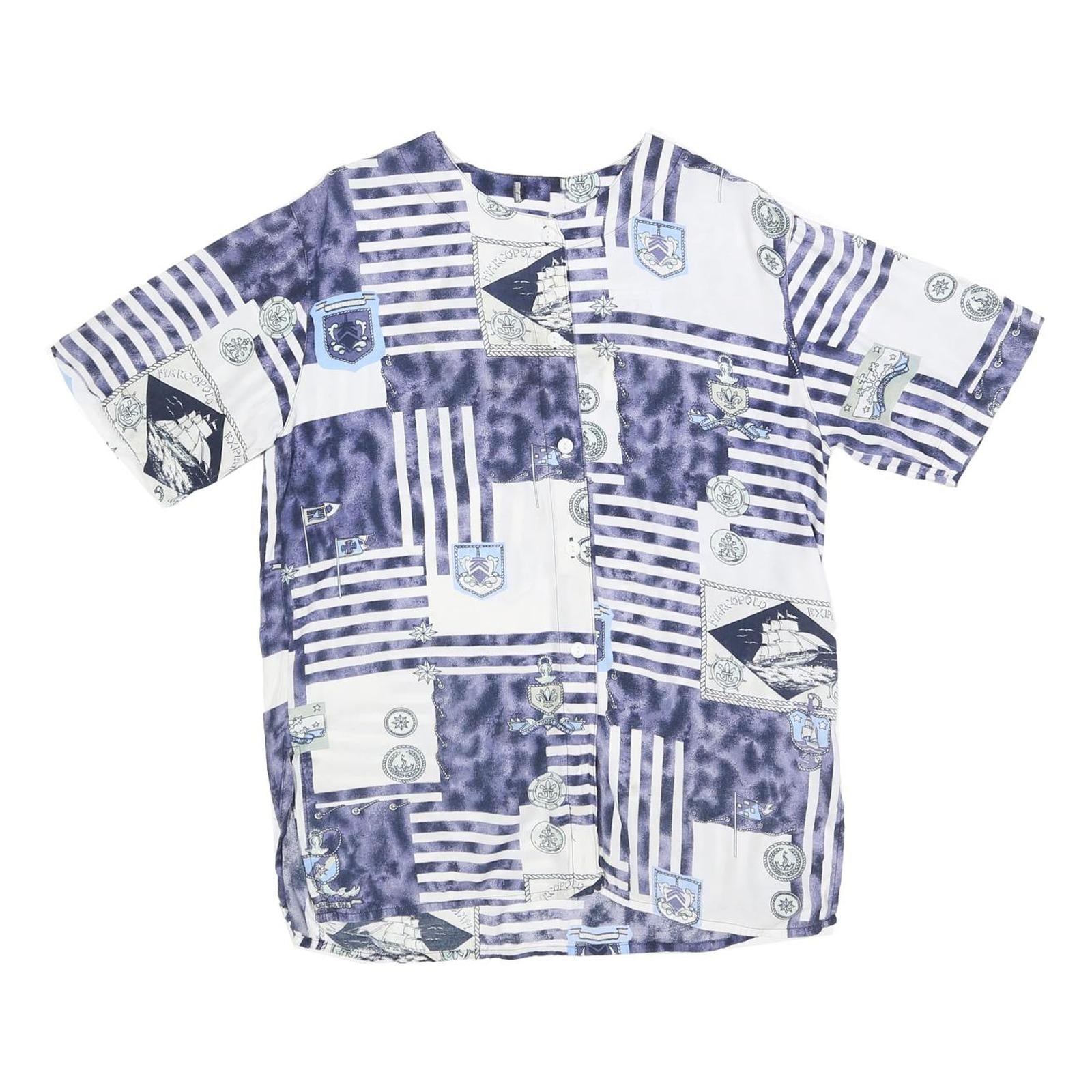 Womens Blue & White Patterned Shirts L Nautical Print Button Front Comfortable