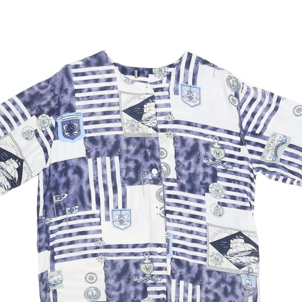 Womens Blue & White Patterned Shirts L Nautical Print Button Front Comfortable