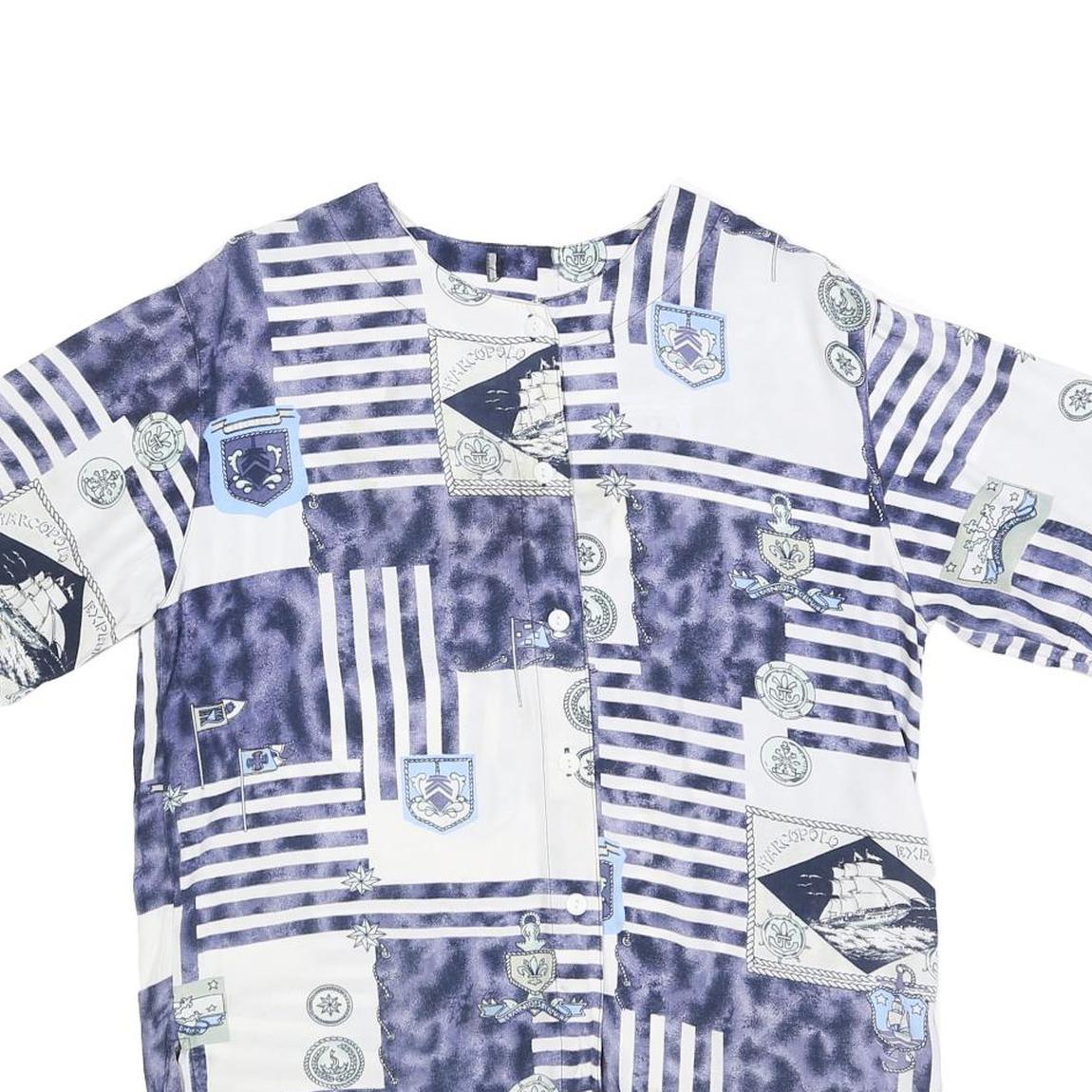 Womens Blue & White Patterned Shirts L Nautical Print Button Front Comfortable
