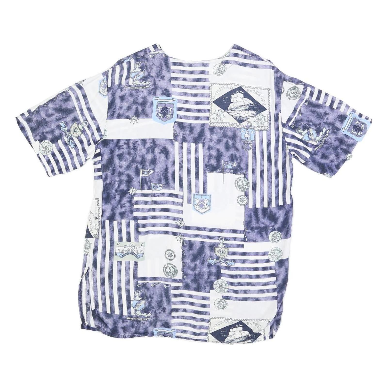 Womens Blue & White Patterned Shirts L Nautical Print Button Front Comfortable