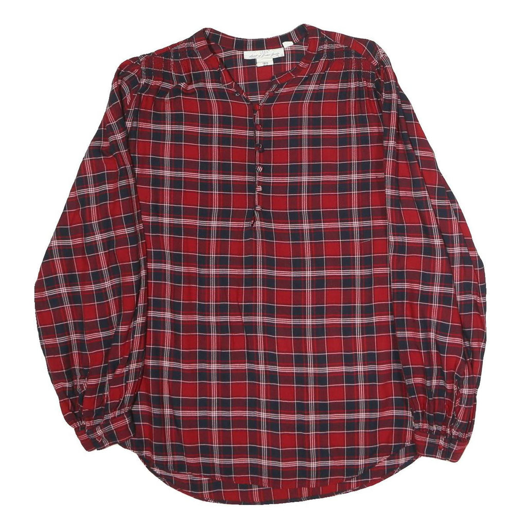 L.O.G.G Womens Red & Navy Check Blouse Long Sleeve Button Neck L Cotton Blend