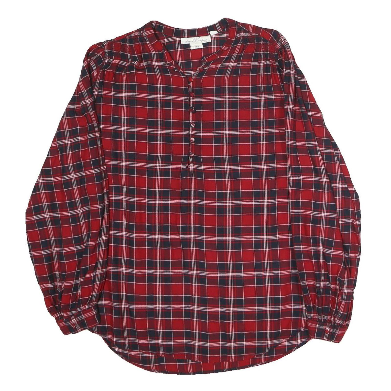 L.O.G.G Womens Red & Navy Check Blouse Long Sleeve Button Neck L Cotton Blend