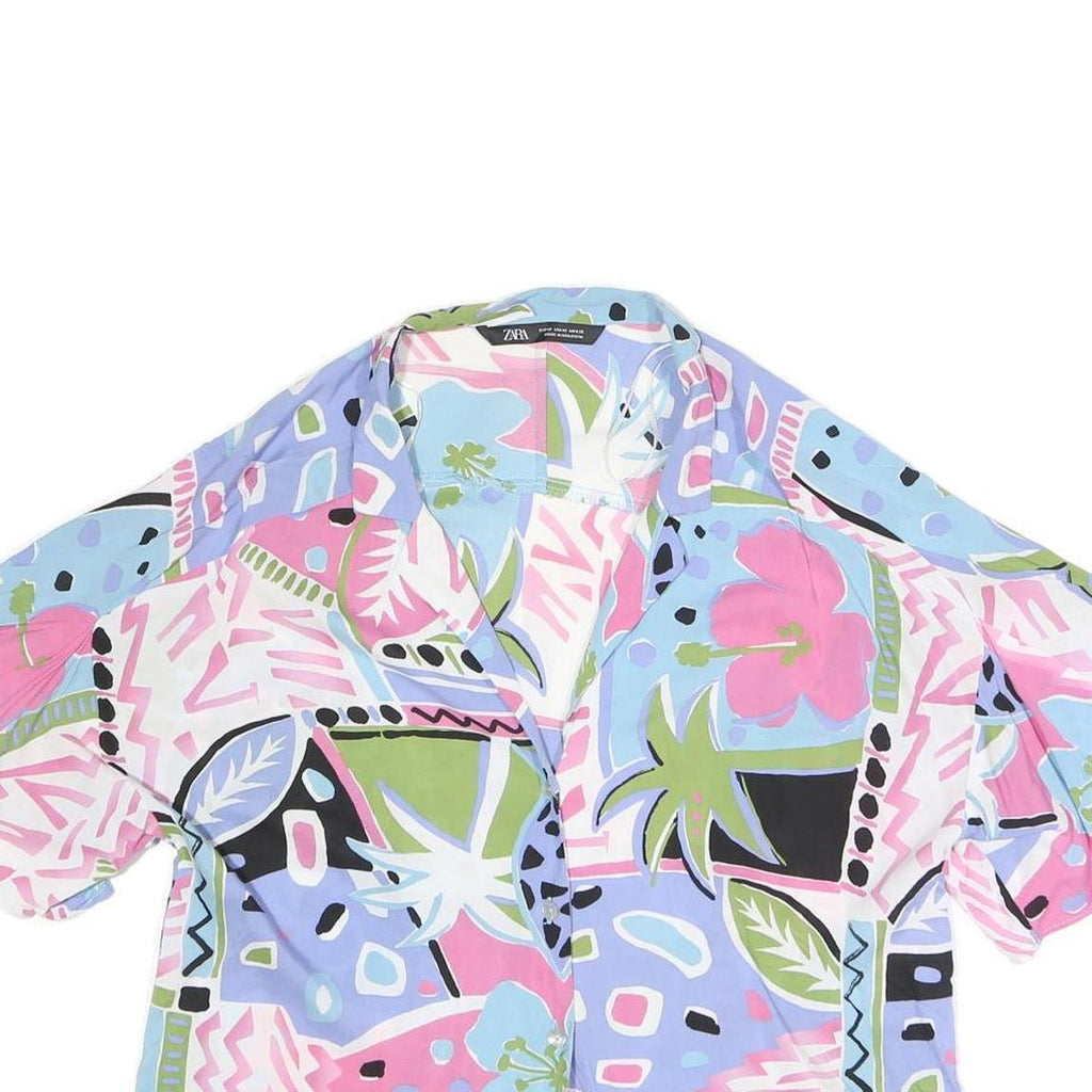 ZARA Womens Blue & Pink Printed Oversized Shirt Short Sleeve Collar M Casual