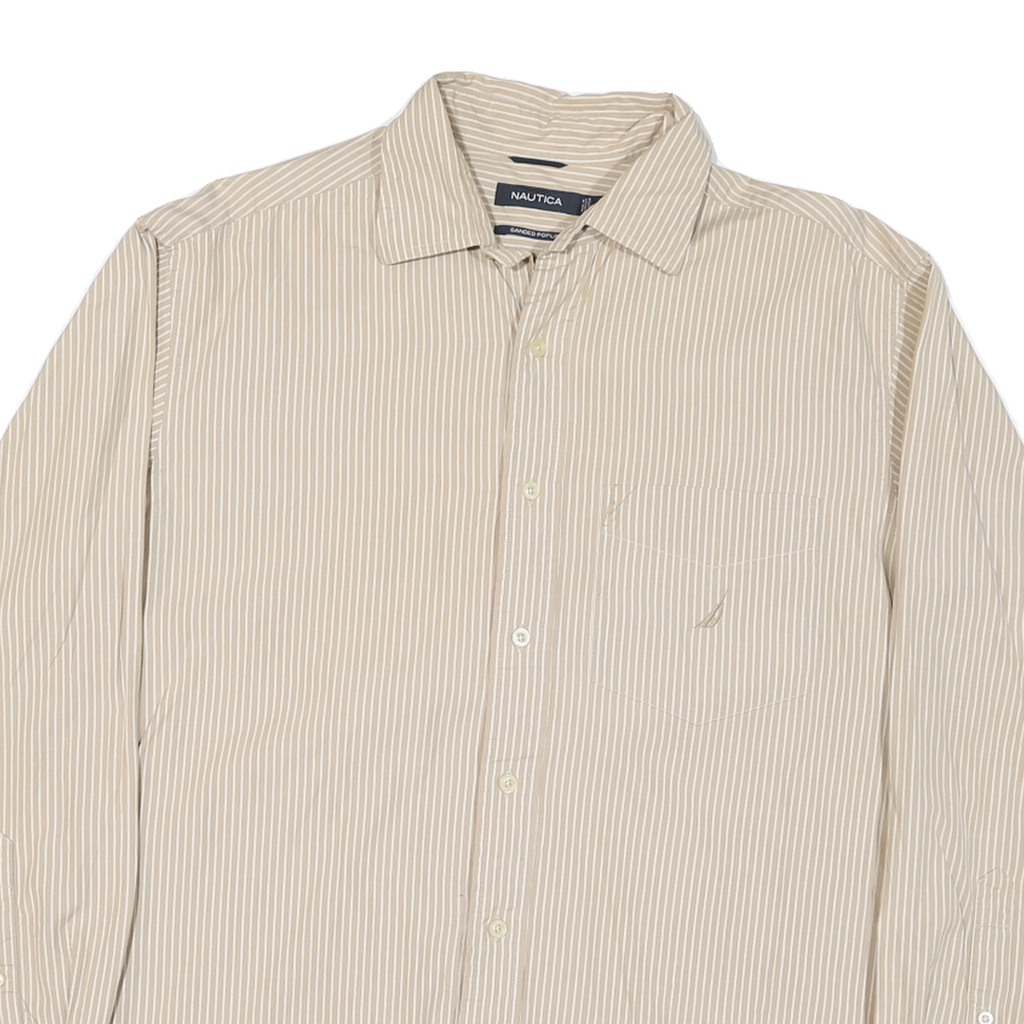 NAUTICA Mens Beige & White Striped Shirt M Classic Cotton Blend Casual Long