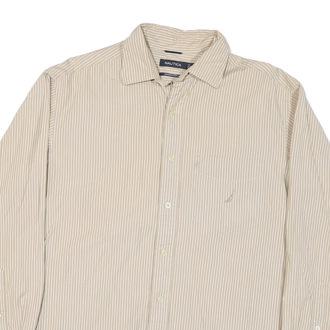 NAUTICA Mens Beige & White Striped Shirt M Classic Cotton Blend Casual Long