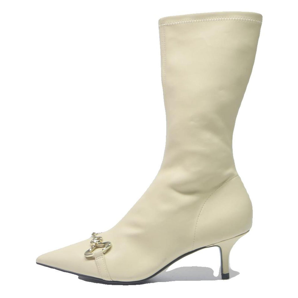 CHARLES & KEITH Womens Pointed Toe Kitten Heel Boot Ivory Leather UK 3 Stylish