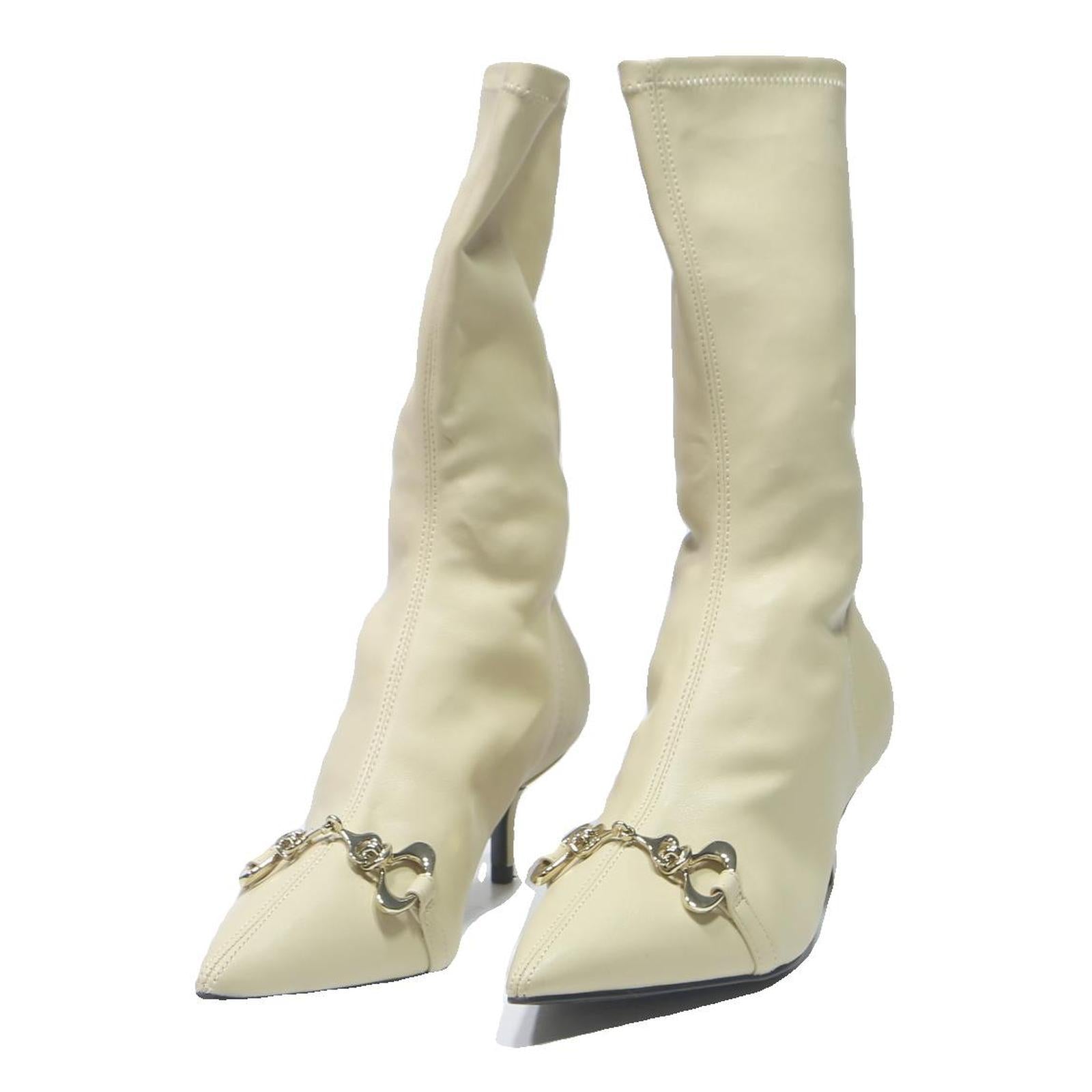 CHARLES & KEITH Womens Pointed Toe Kitten Heel Boot Ivory Leather UK 3 Stylish
