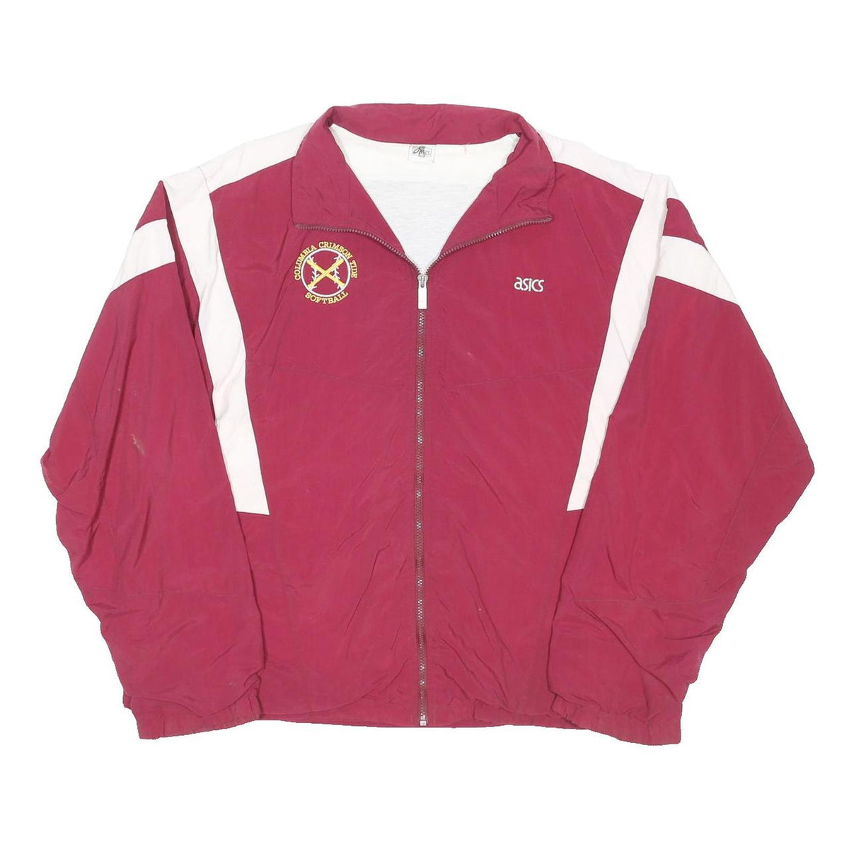 ASICS Mens Maroon & White Track Jacket XL Polyester Blend Zip Stand-Up Collar