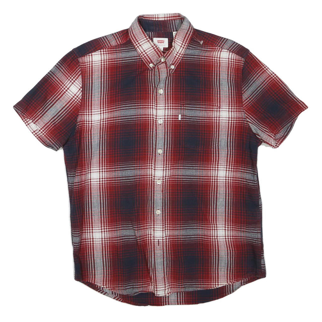 LEVI'S Mens Red & Blue Check Shirt L Cotton Blend Button Collar Summer Style