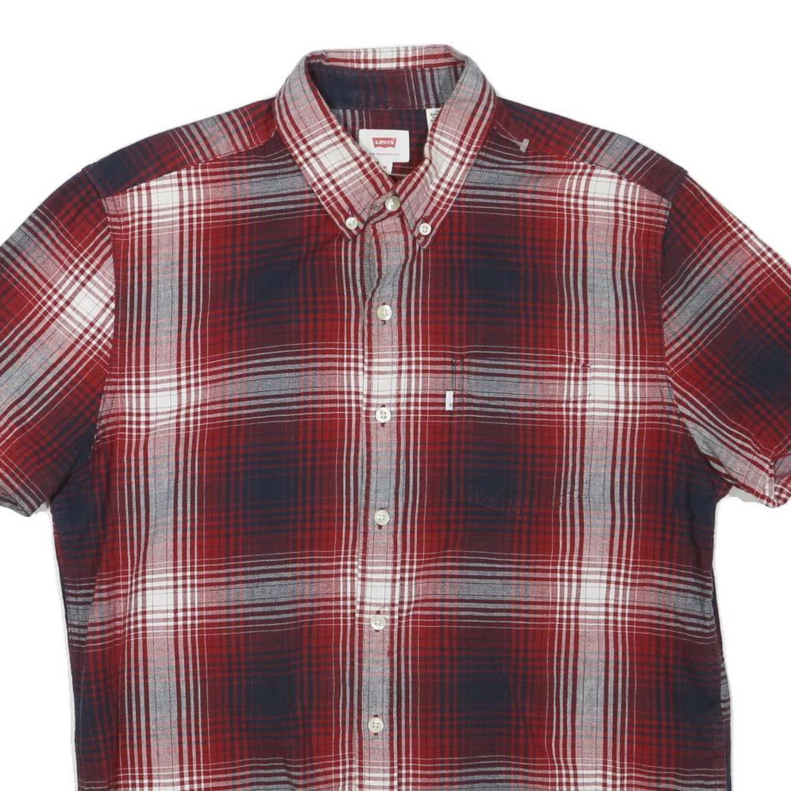 LEVI'S Mens Red & Blue Check Shirt L Cotton Blend Button Collar Summer Style