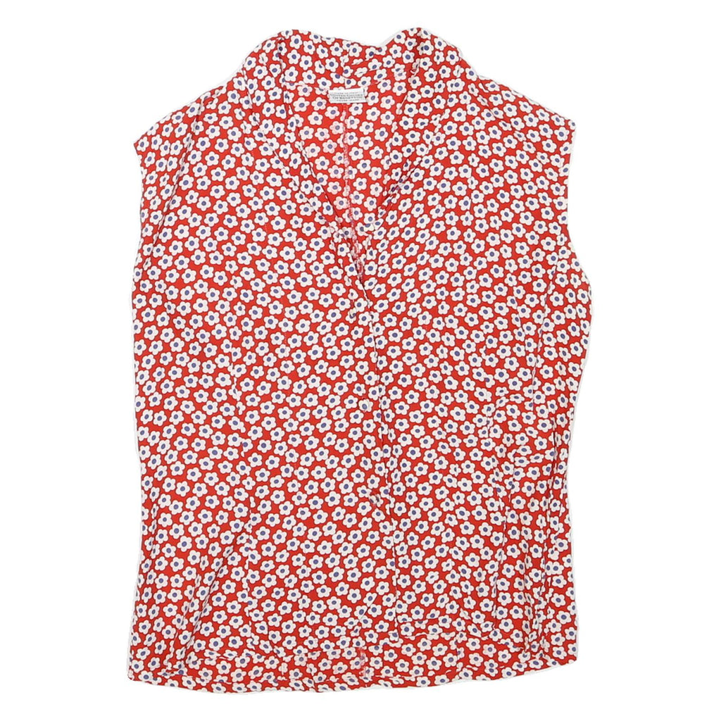 BENETTON Womens Red White Floral Sleeveless V-Neck Top M Summer Cotton