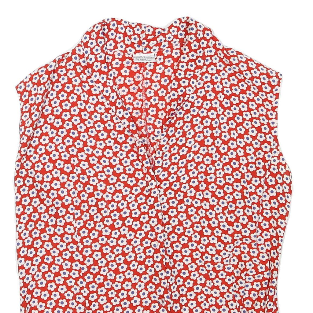 BENETTON Womens Red White Floral Sleeveless V-Neck Top M Summer Cotton