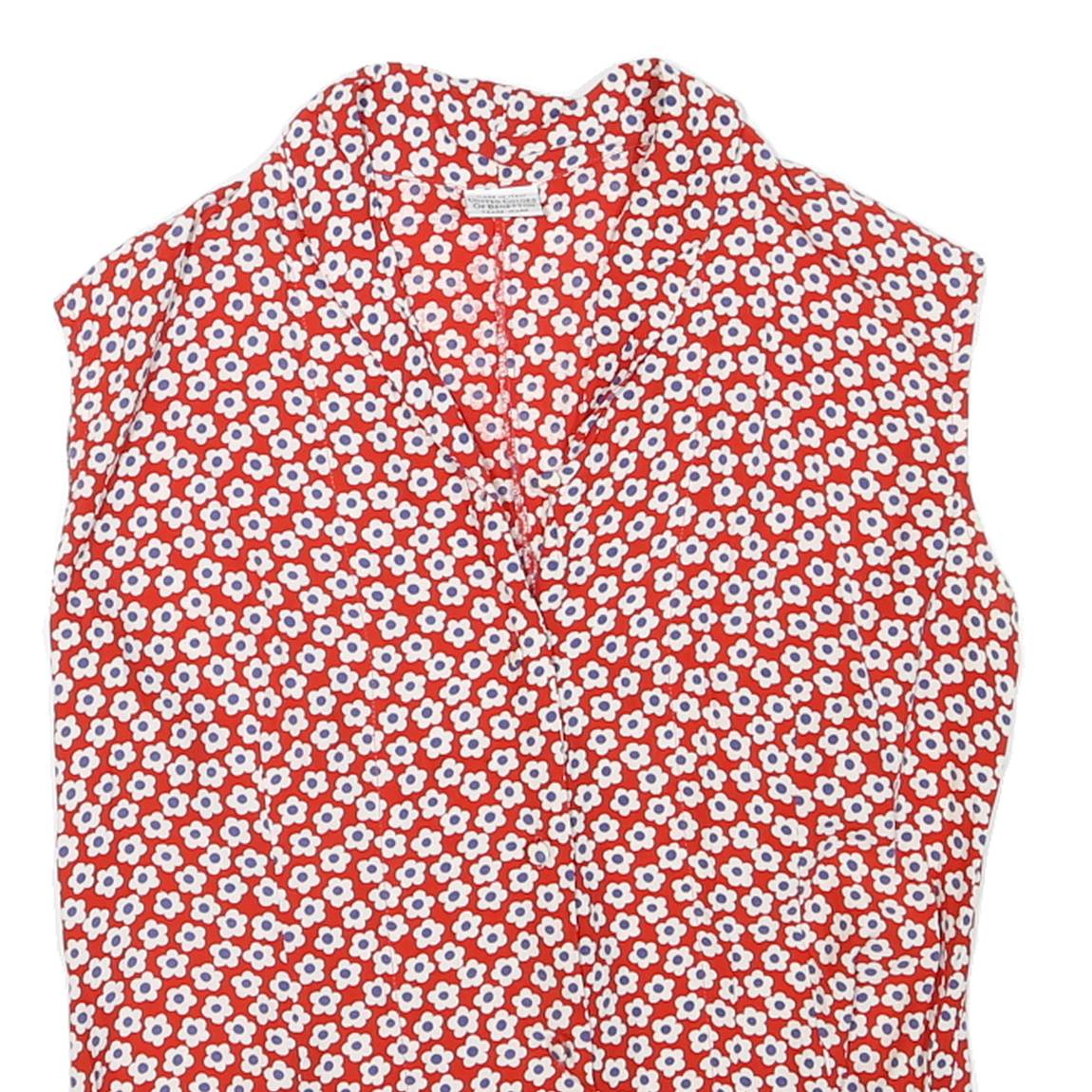 BENETTON Womens Red White Floral Sleeveless V-Neck Top M Summer Cotton