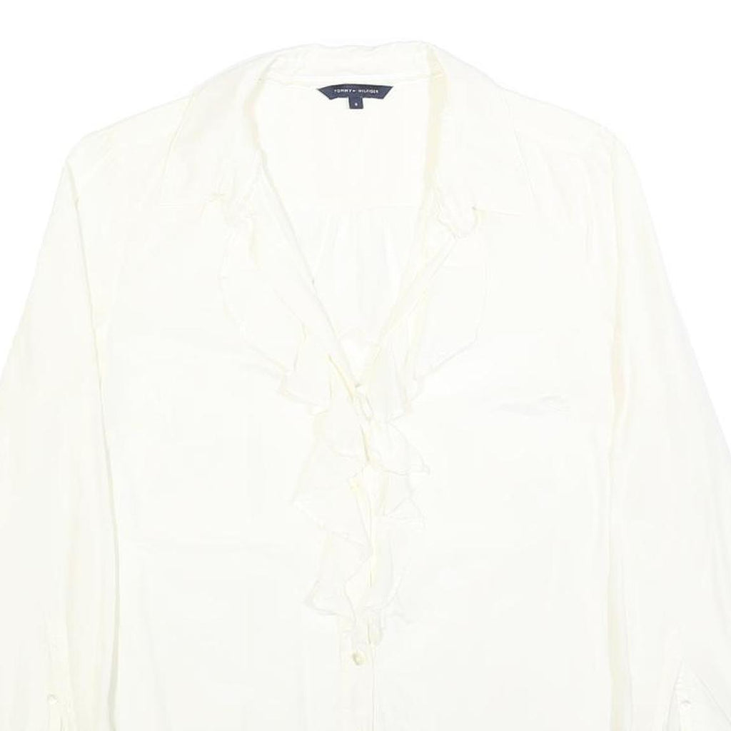 TOMMY HILFIGER Womens White Silk Blend Ruffle Shirt Long Sleeve Collared S