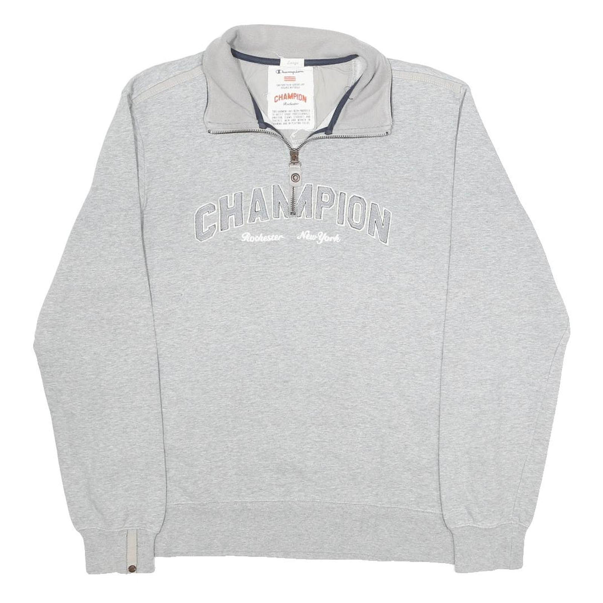 CHAMPION Mens Grey 1/4 Zip L Cotton Blend Pullover Sweatshirt Champion Logo
