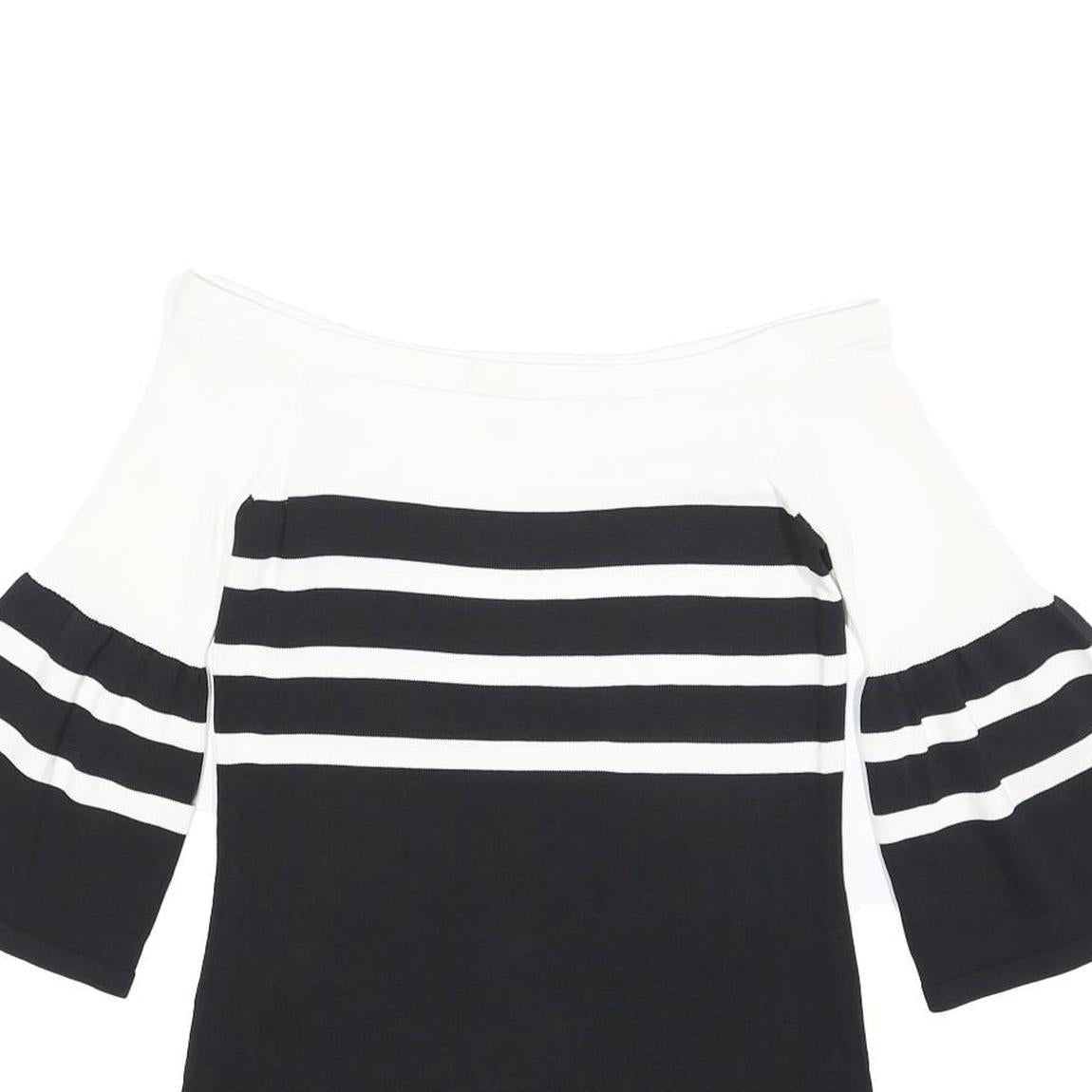 CALVIN KLEIN Womens Black & White Striped Off Shoulder Top 3/4 Sleeve S