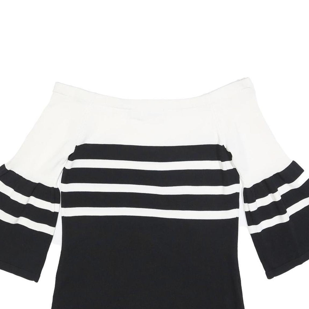 CALVIN KLEIN Womens Black & White Striped Off Shoulder Top 3/4 Sleeve S