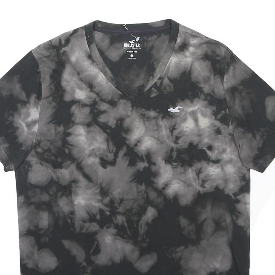 HOLLISTER Mens Black & Grey Tie Dye Graphic T-Shirt L V-Neck Casual Summer