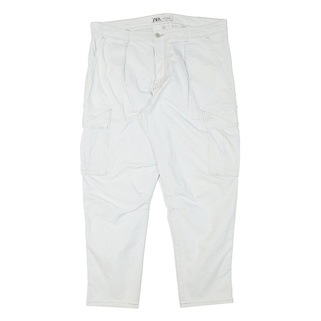 ZARA Mens Cotton Blend White Relaxed Cargo Trousers W37 L28 Casual Utility Zip