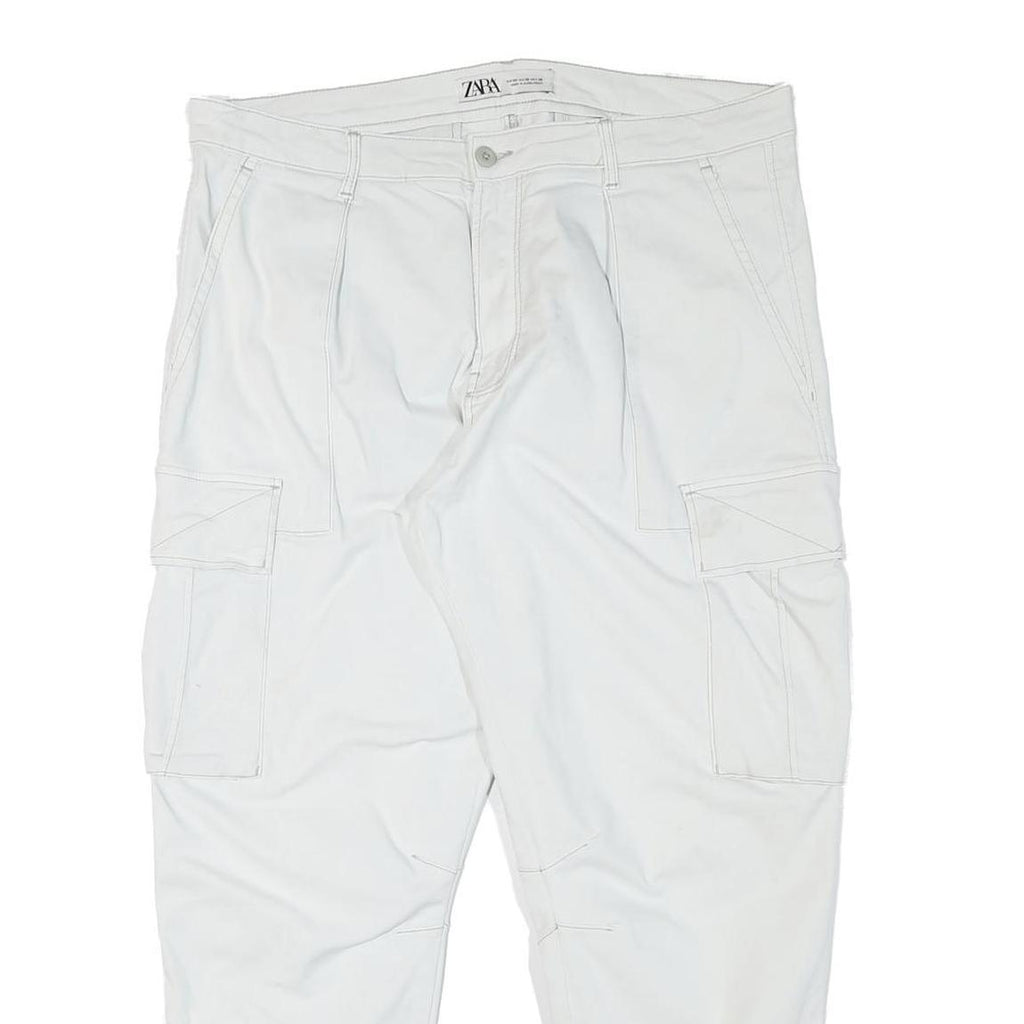 ZARA Mens Cotton Blend White Relaxed Cargo Trousers W37 L28 Casual Utility Zip