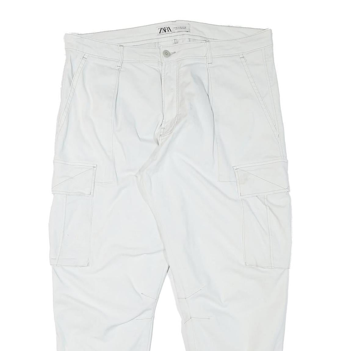 ZARA Mens Cotton Blend White Relaxed Cargo Trousers W37 L28 Casual Utility Zip