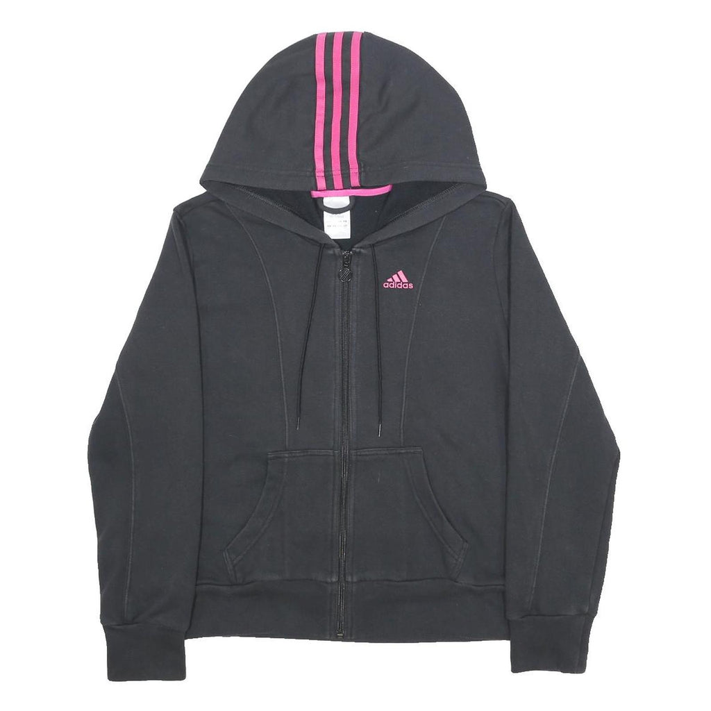 ADIDAS Womens Black & Pink Hoodie UK 14 Zip Up Sports Sweatshirt