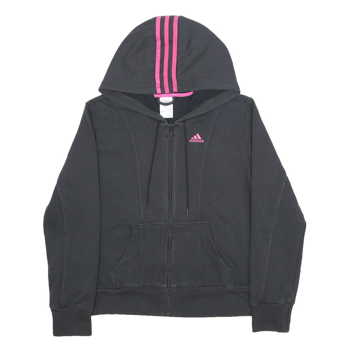 ADIDAS Womens Black & Pink Hoodie UK 14 Zip Up Sports Sweatshirt