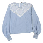 ZARA Womens Blue Cotton Blend Blouse Long Sleeve Round Neck Embroidered S