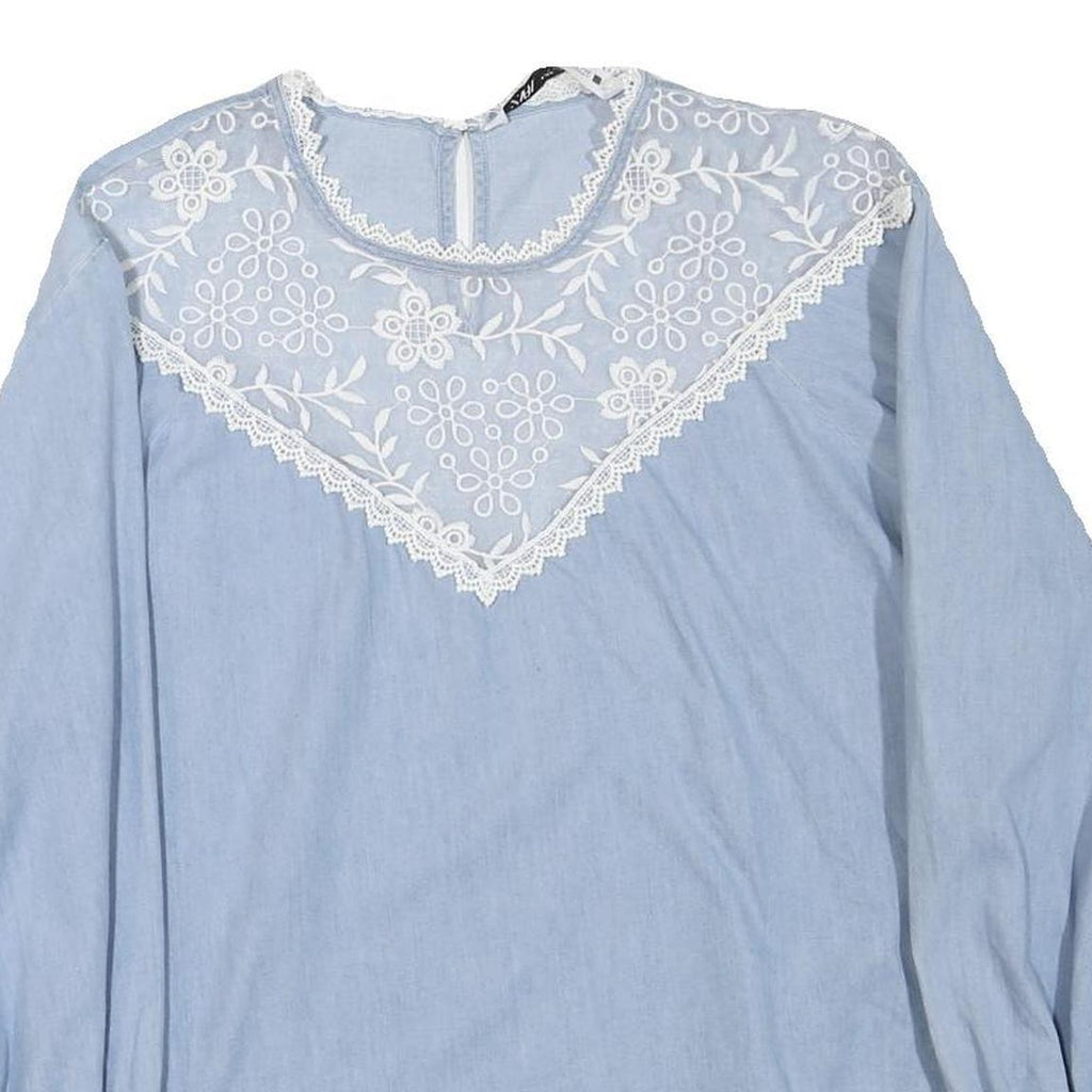 ZARA Womens Blue Cotton Blend Blouse Long Sleeve Round Neck Embroidered S
