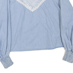 ZARA Womens Blue Cotton Blend Blouse Long Sleeve Round Neck Embroidered S