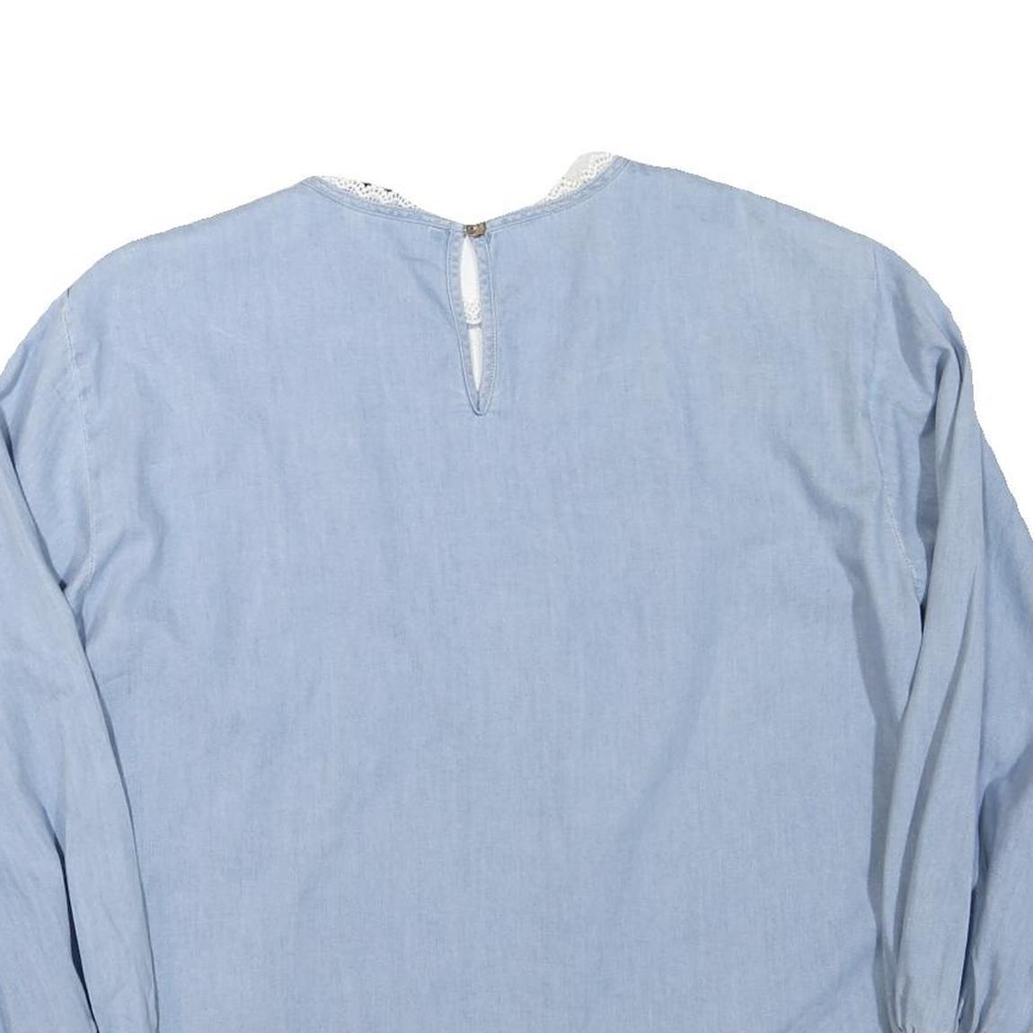 ZARA Womens Blue Cotton Blend Blouse Long Sleeve Round Neck Embroidered S