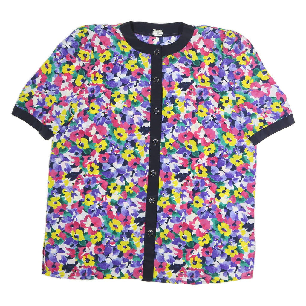 ACKERMAN Womens Multicolour Floral Printed Button Top Short Sleeve Round Neck L