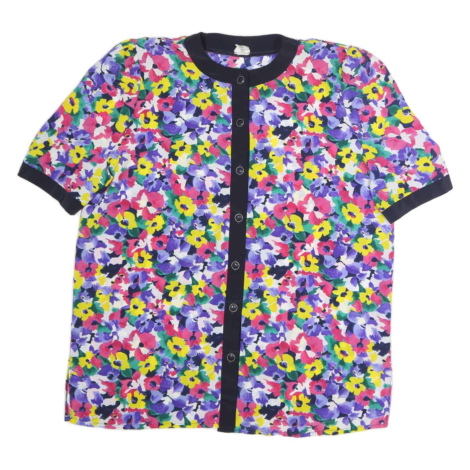 ACKERMAN Womens Multicolour Floral Printed Button Top Short Sleeve Round Neck L