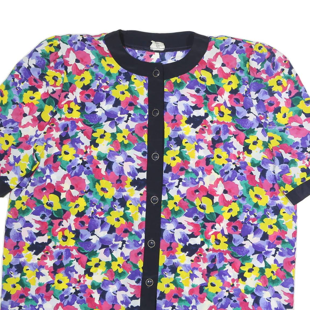 ACKERMAN Womens Multicolour Floral Printed Button Top Short Sleeve Round Neck L