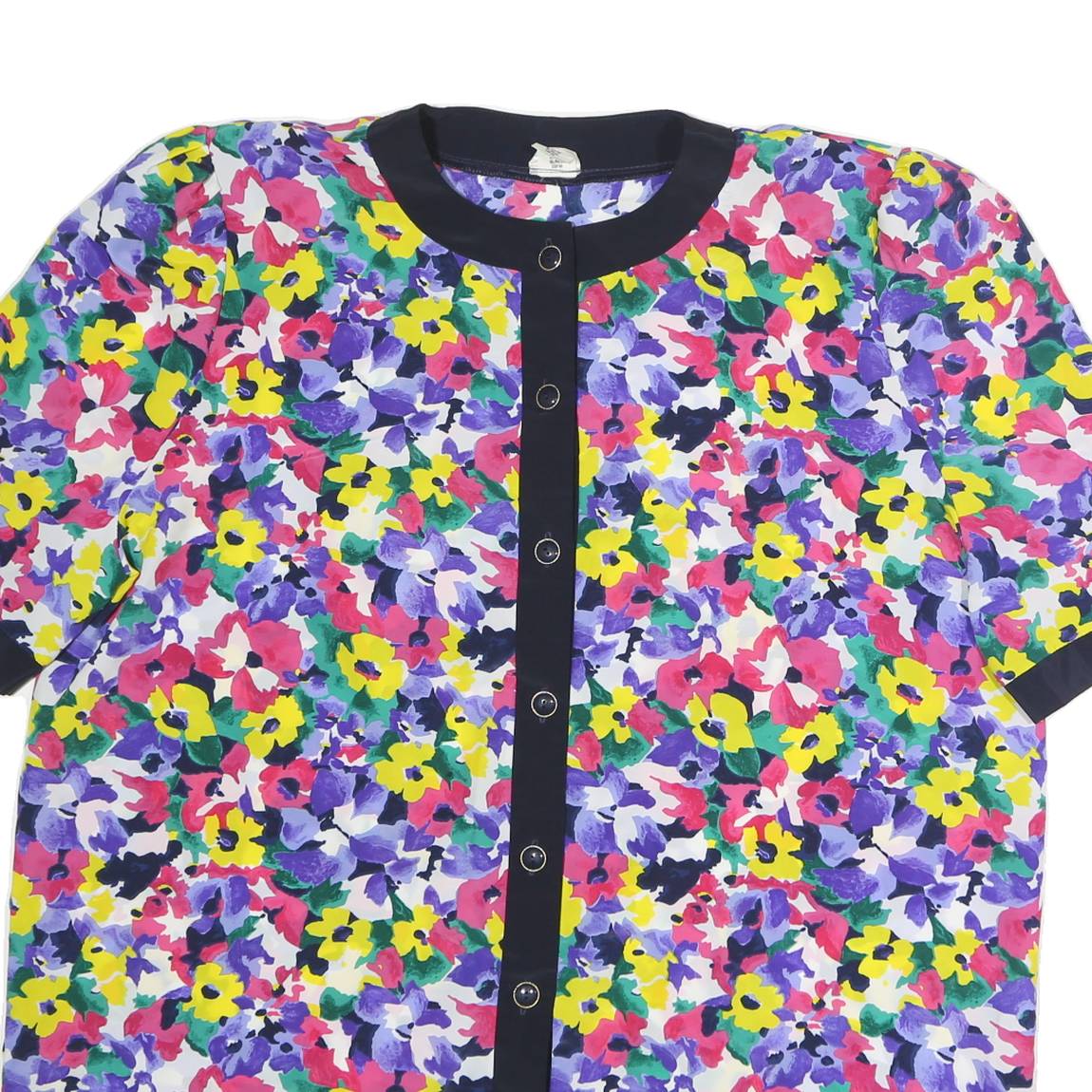 ACKERMAN Womens Multicolour Floral Printed Button Top Short Sleeve Round Neck L