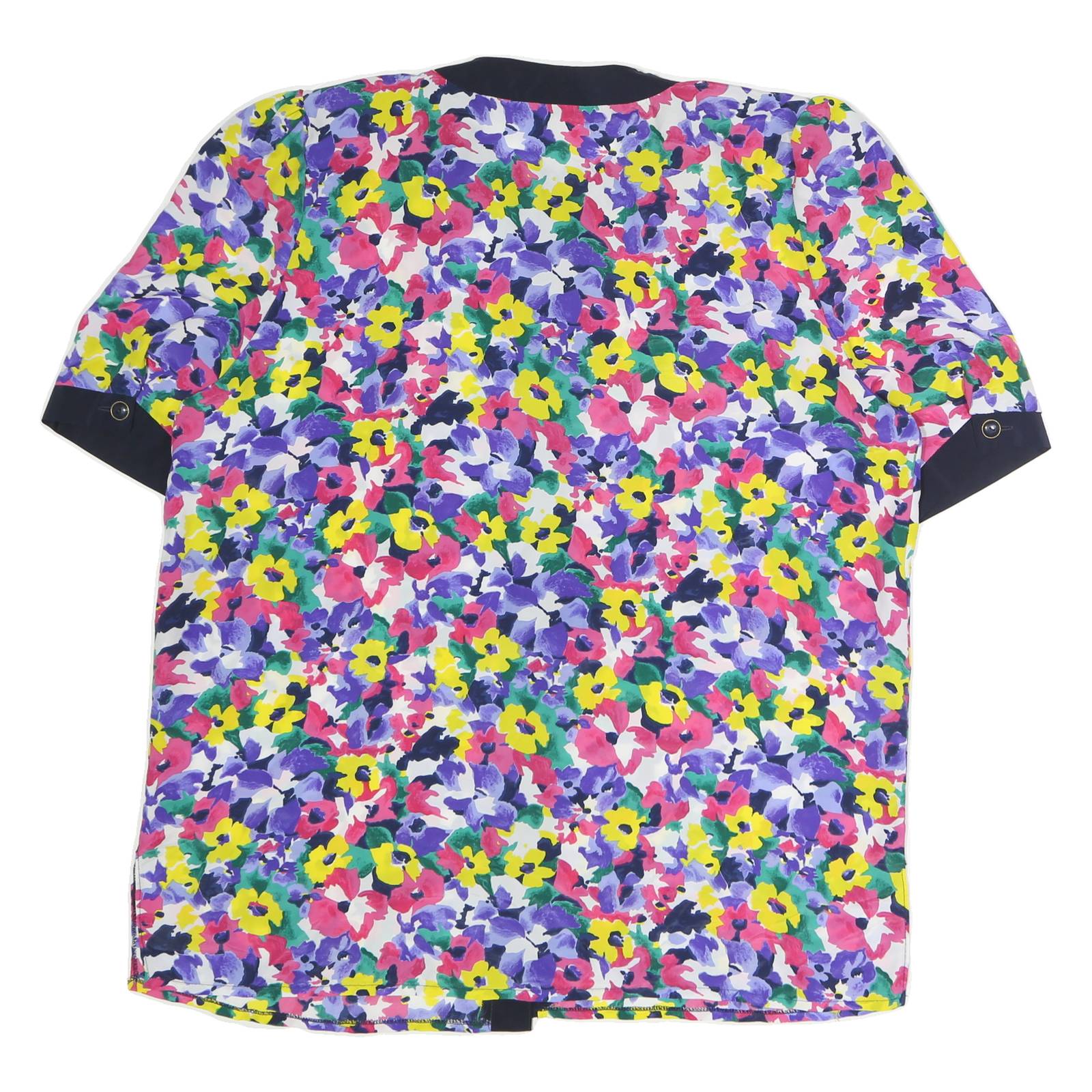 ACKERMAN Womens Multicolour Floral Printed Button Top Short Sleeve Round Neck L