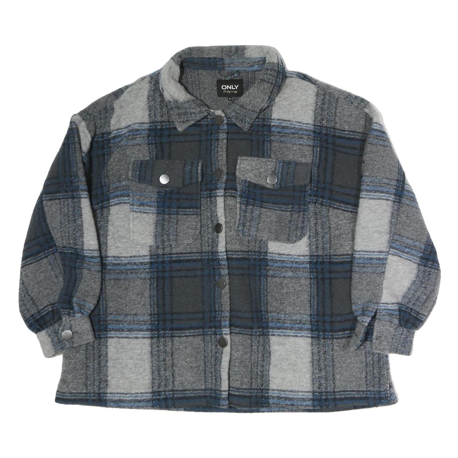 ONLY Womens Grey & Blue Check Button Jacket XL Polyester Casual Relaxed Fit