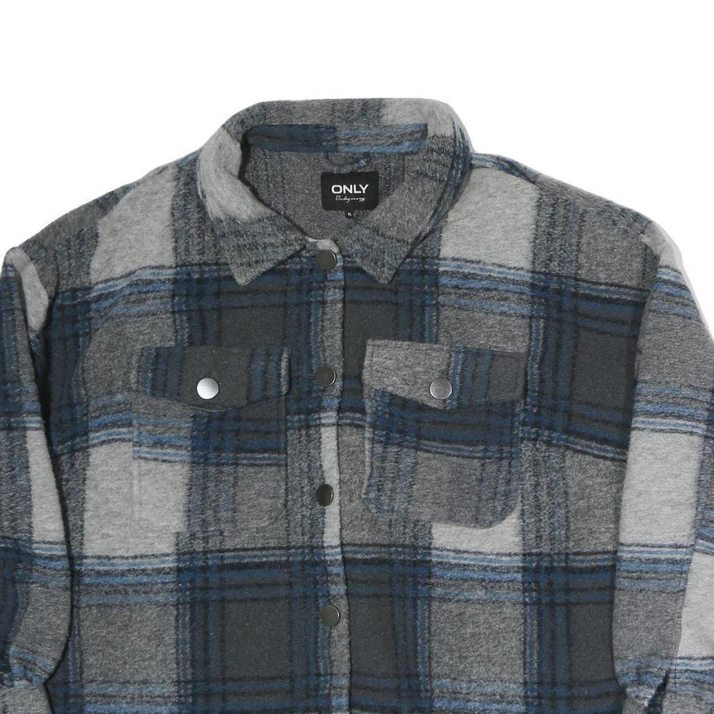 ONLY Womens Grey & Blue Check Button Jacket XL Polyester Casual Relaxed Fit
