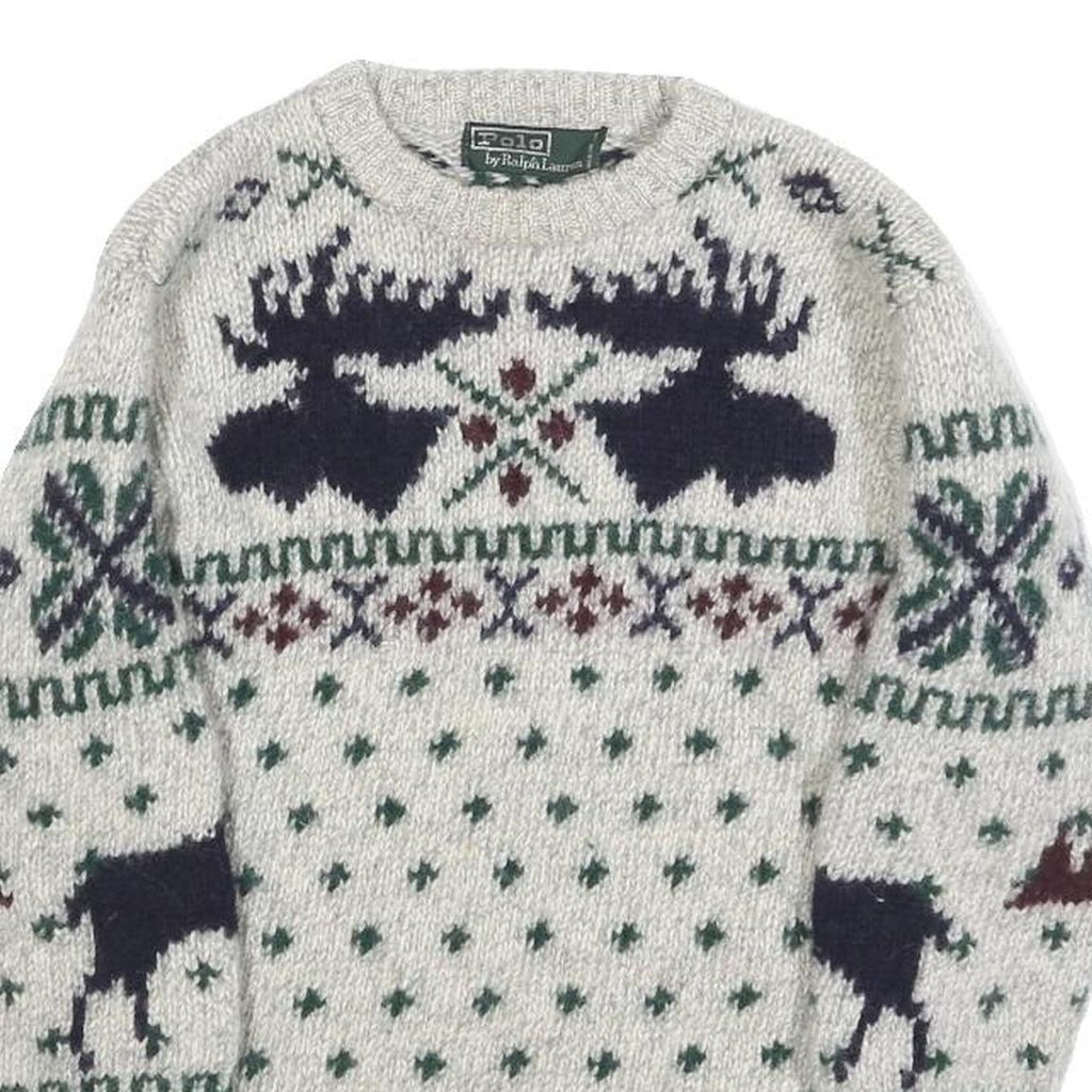 POLO RALPH LAUREN Boys Cream Patterned Wool Jumper Crew Neck Cable Knit M Winter