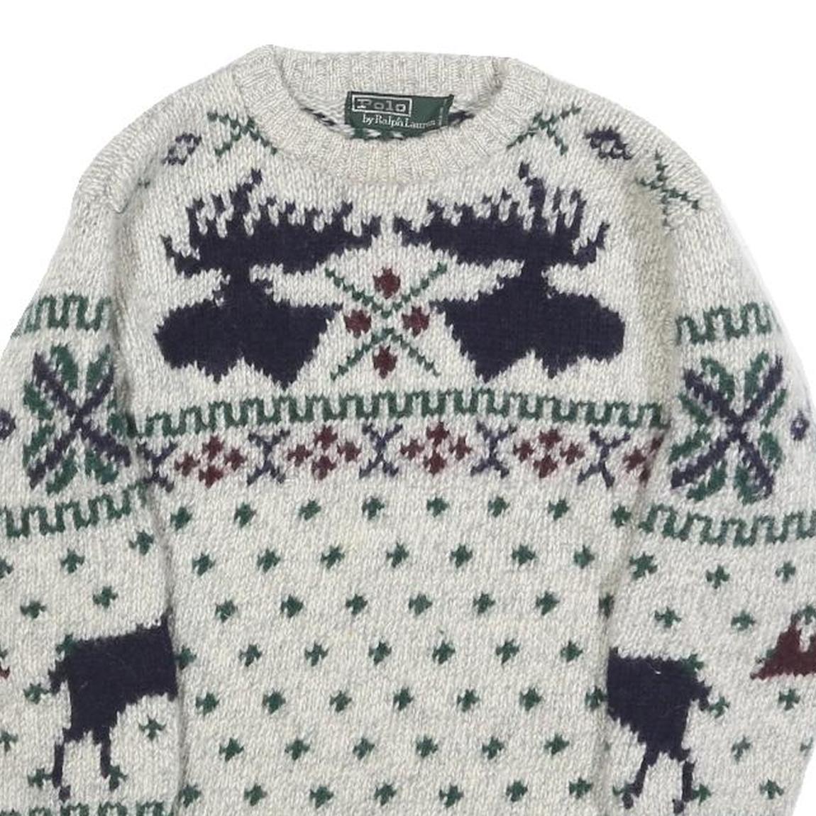 POLO RALPH LAUREN Boys Cream Patterned Wool Jumper Crew Neck Cable Knit M Winter