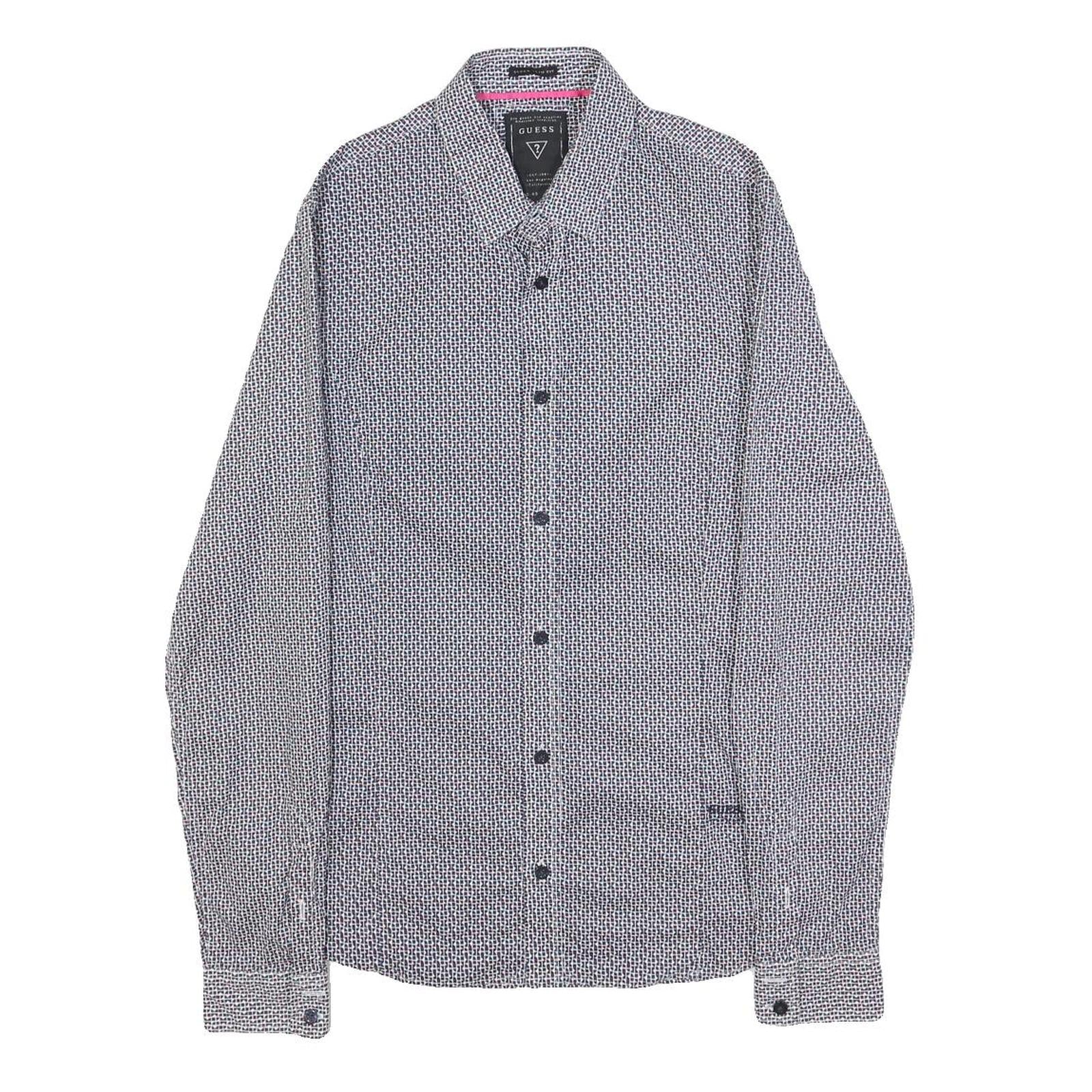 GUESS Mens Blue & White Patterned Shirt XS Cotton Blend Long Sleeve Button