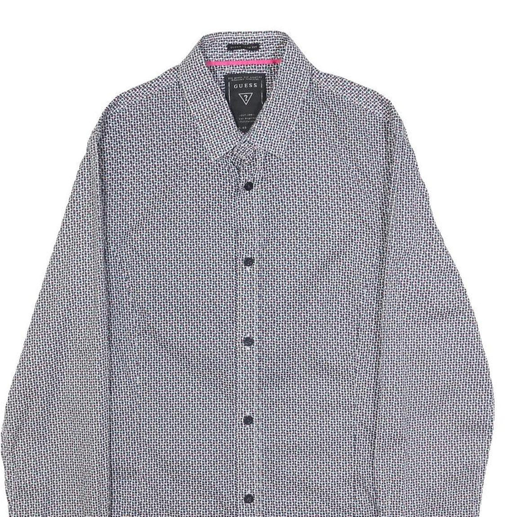 GUESS Mens Blue & White Patterned Shirt XS Cotton Blend Long Sleeve Button