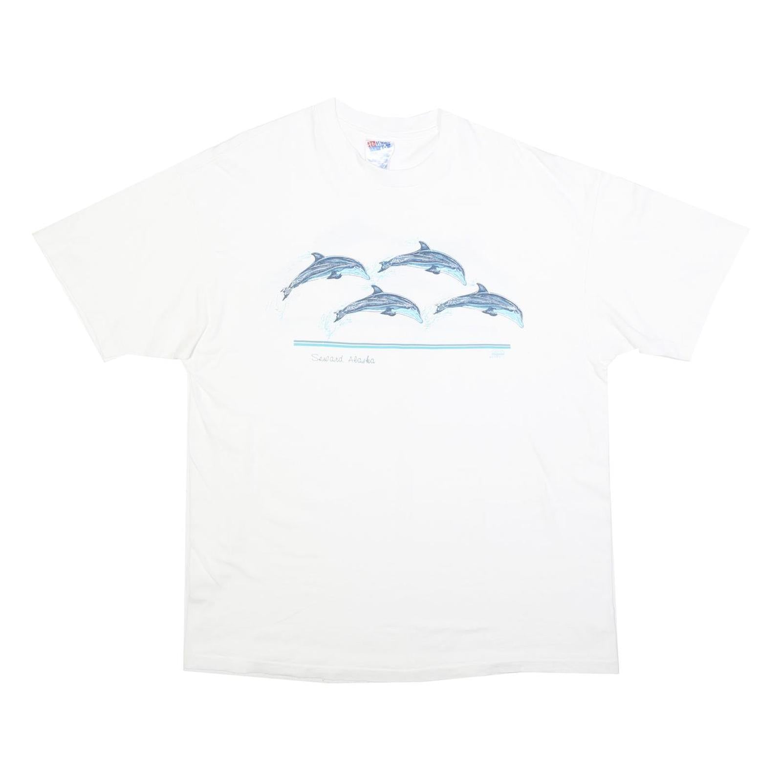 HANES Single Stitch Mens White Dolphin Graphic T-Shirt XL Short Sleeve Crew Neck