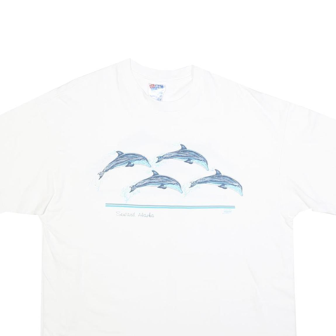 HANES Single Stitch Mens White Dolphin Graphic T-Shirt XL Short Sleeve Crew Neck
