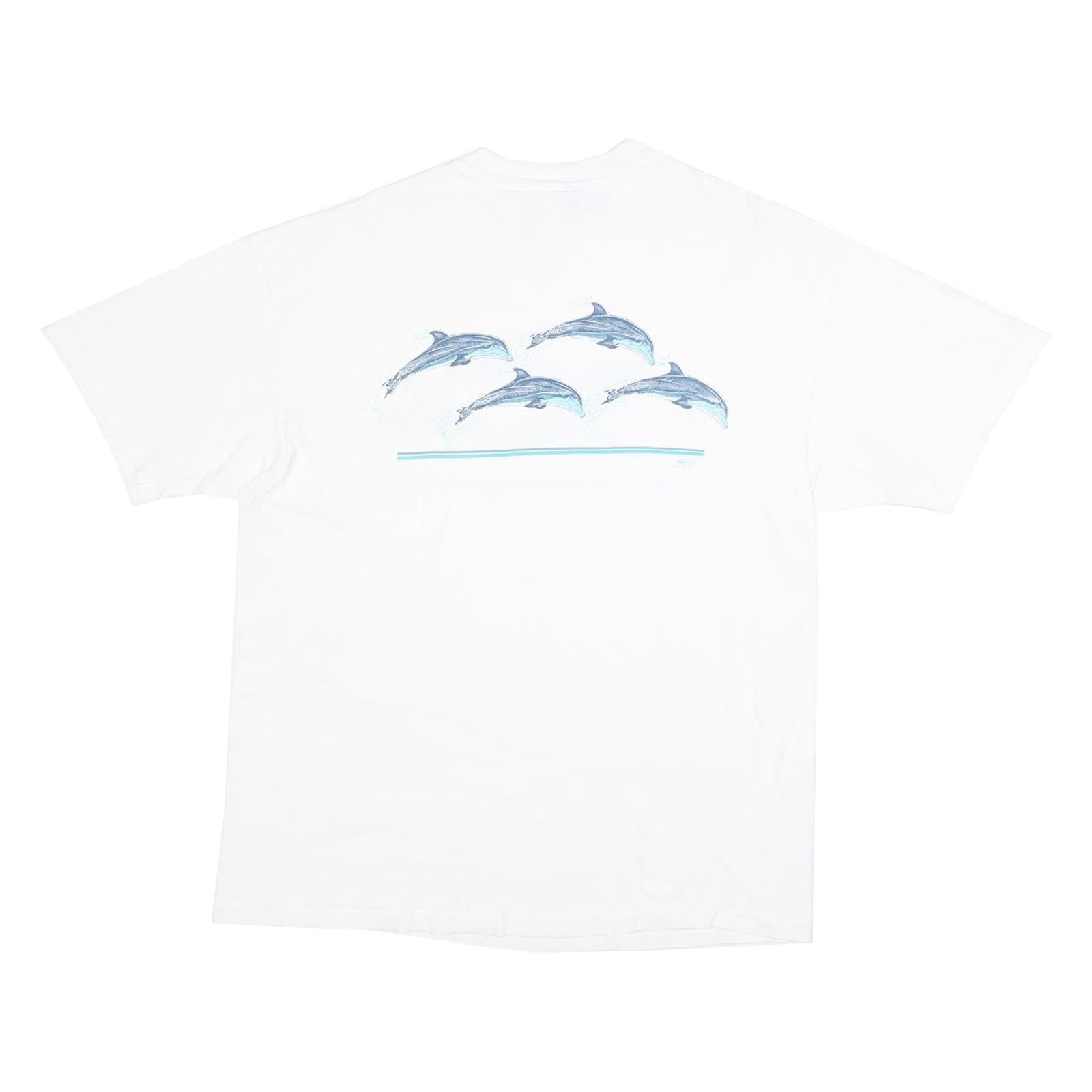 HANES Single Stitch Mens White Dolphin Graphic T-Shirt XL Short Sleeve Crew Neck