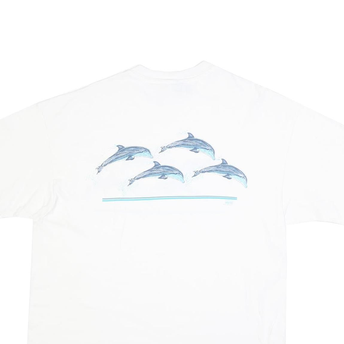 HANES Single Stitch Mens White Dolphin Graphic T-Shirt XL Short Sleeve Crew Neck