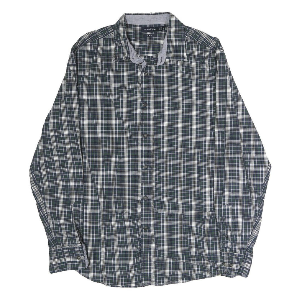 NAUTICA Mens Blue & White Check Shirt L Slim Fit Lightweight Cotton Casual