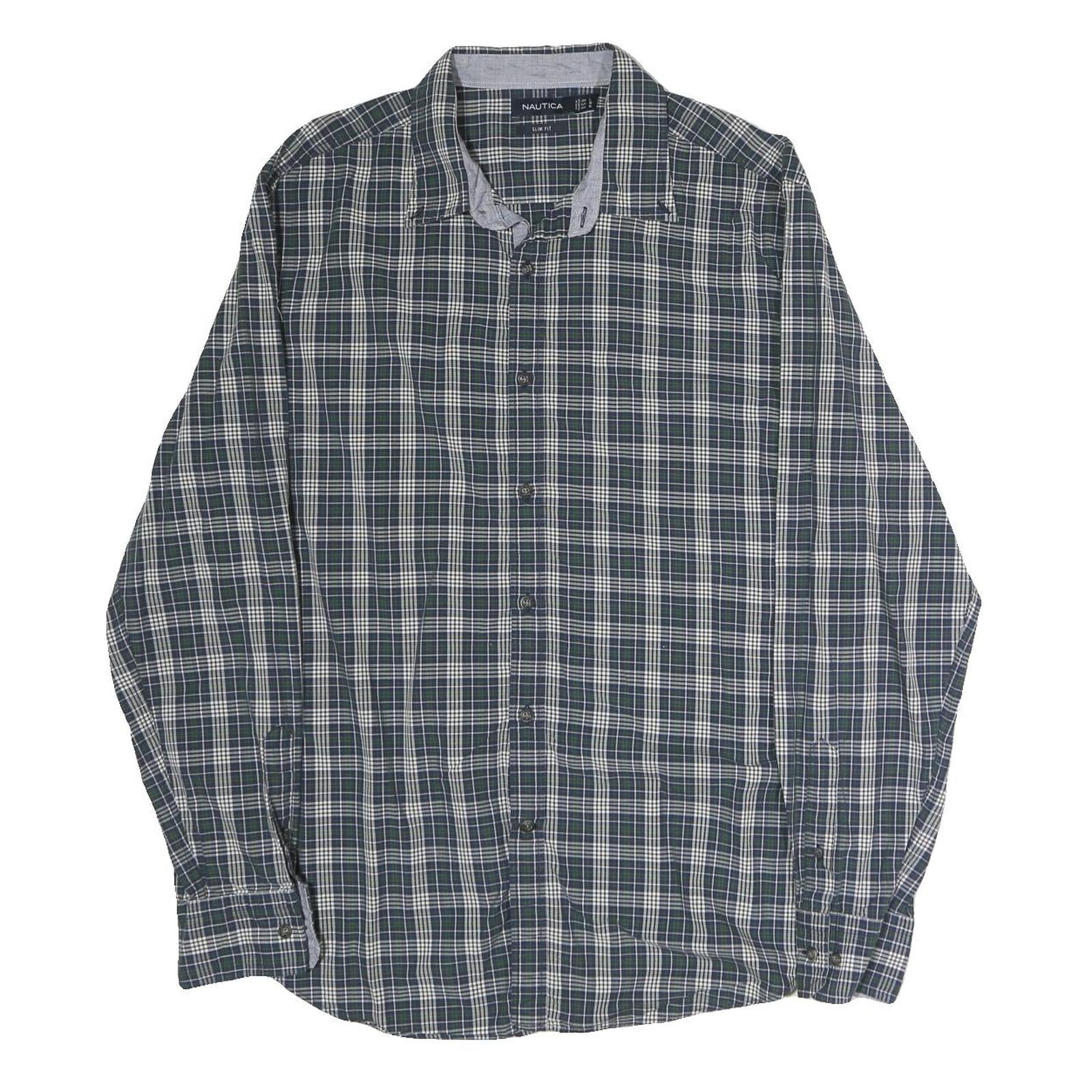 NAUTICA Mens Blue & White Check Shirt L Slim Fit Lightweight Cotton Casual