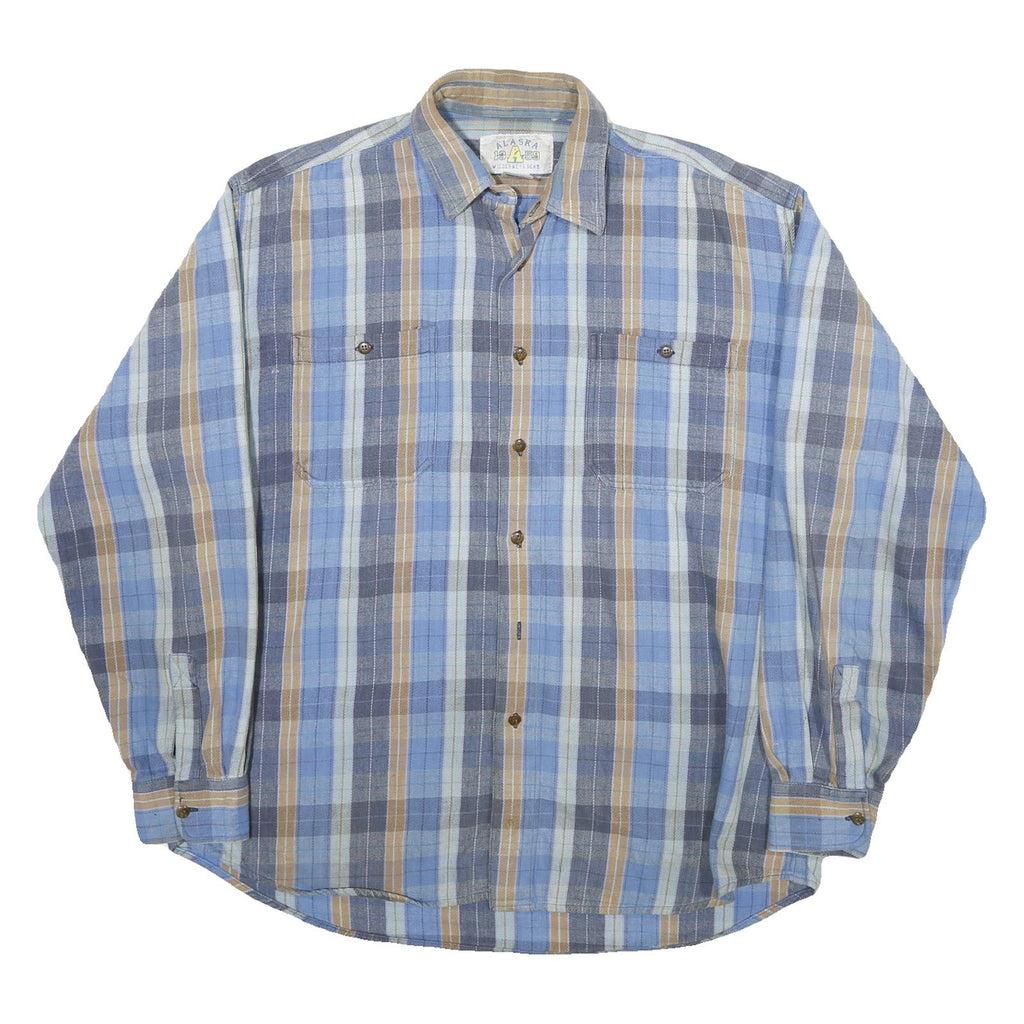 ALASKA Mens Blue & Beige Check Shirt L Cotton Blend Casual Button-Up